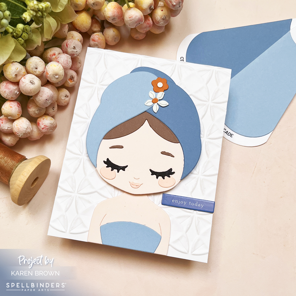 Feminine die cut card idea:  delightful spa day theme card of a girl in a spa towel turban enjoying a day of beauty. 