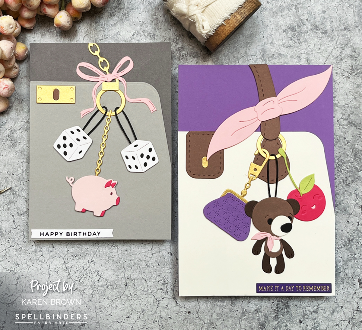 2 handmade purse theme cards created with Spellbinders November 2025 Large Die of the Month Kit.