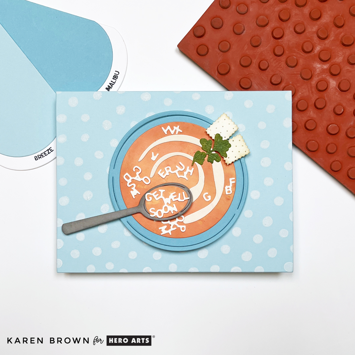Cozy Alphabet Soup "Get Well Soon" card with a charming blue and white stamped polka dot background.  
