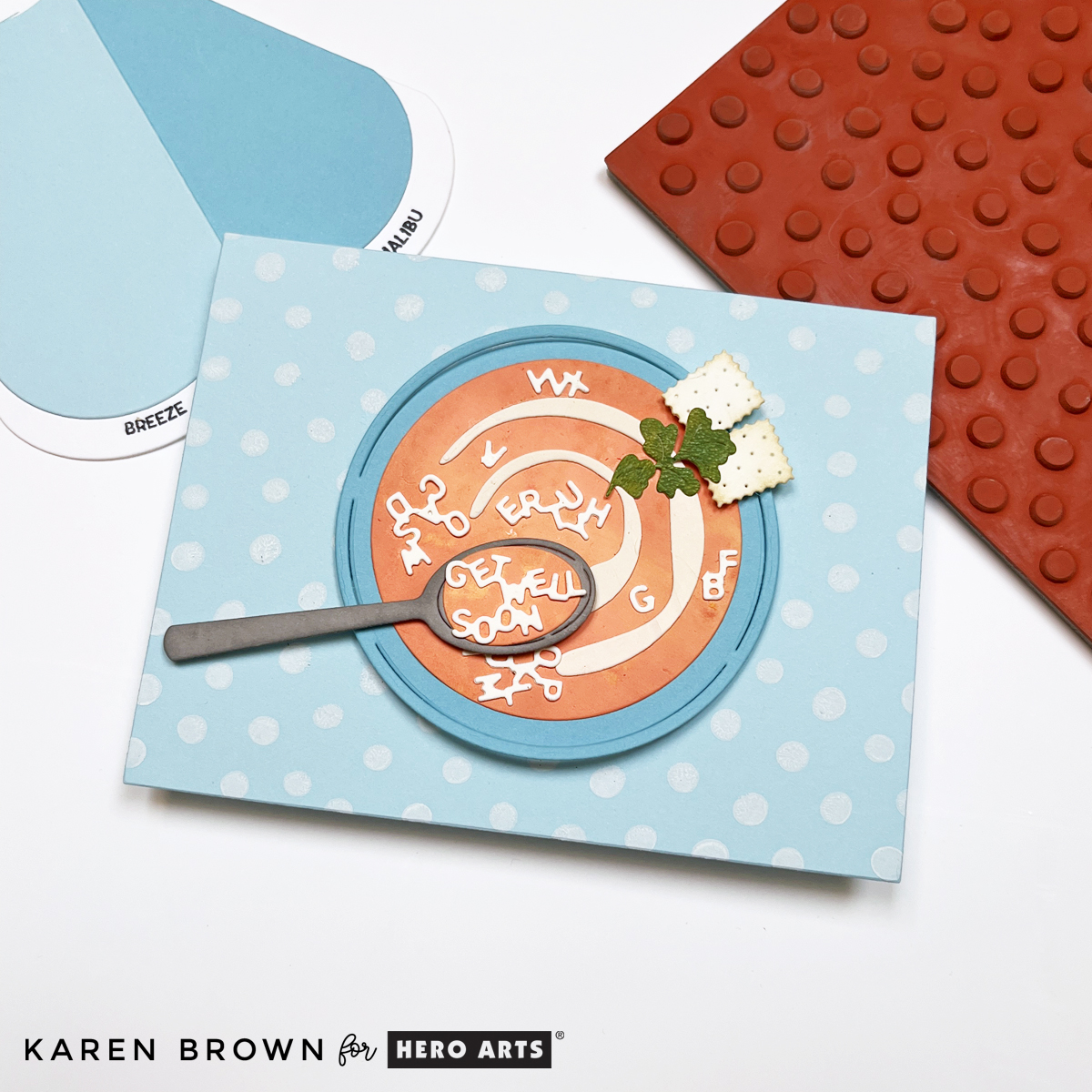 Stamped polka dot background on a cozy die cut Get Well card.  White pigment ink on light blue cardstock.