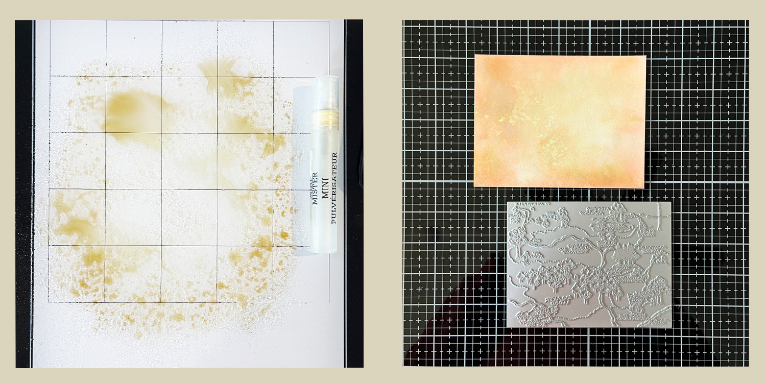 Cardmaking process photo showing ink smooshing and the completed rustic background.