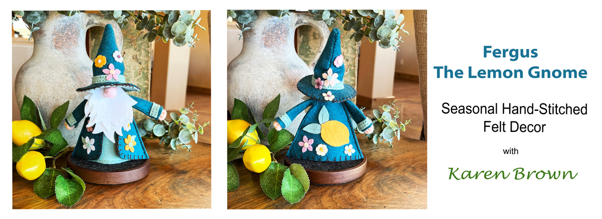 Photo of the front and back of my Fergus the Felt Gnome customized character.