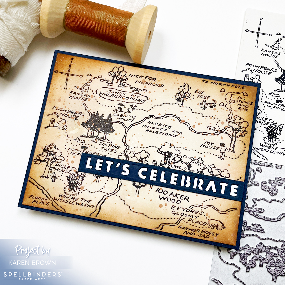 Handmade Winnie the Pooh 100 Acre Wood birthday card with an aged mixed media map background created using ink smooshing, brown splatters, and a navy “Let’s Celebrate” sentiment.