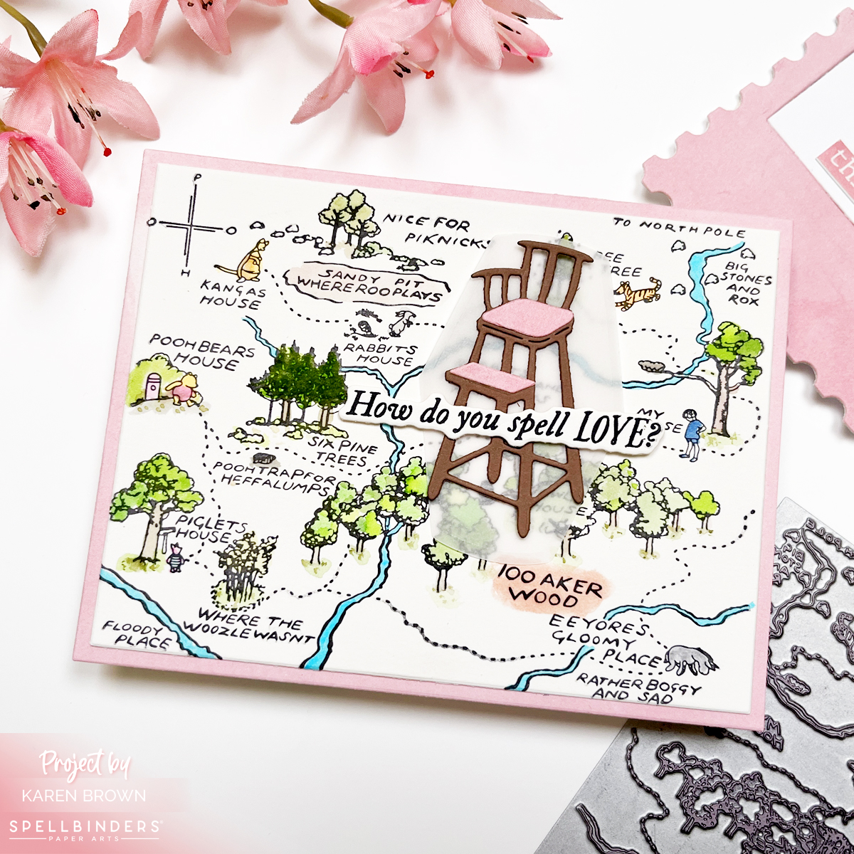 Handmade baby shower card featuring the Hundred Acre Wood BetterPress map from the Classic Pooh Birthday Collection, softly watercolored and accented with a die-cut high chair and pink card base.