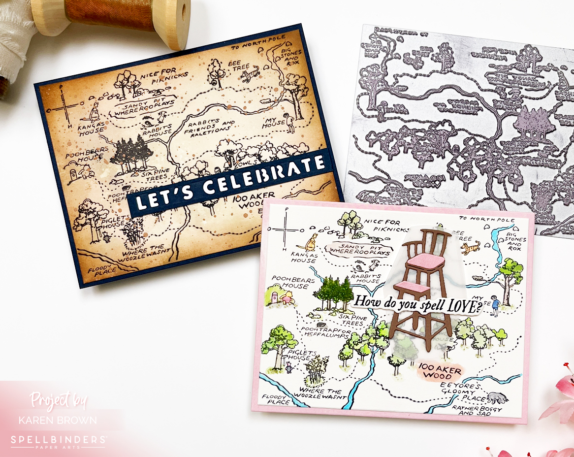 Side-by-side comparison of two BP343 Hundred Acre Wood BetterPress map cards—one soft and pink for a baby shower, the other rustic and masculine with mixed media details.