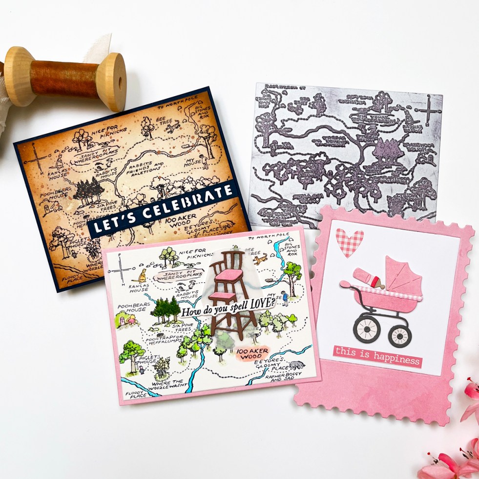 Three cards featuring Spellbinders Classic Winnie the Pooh Birthday Collection