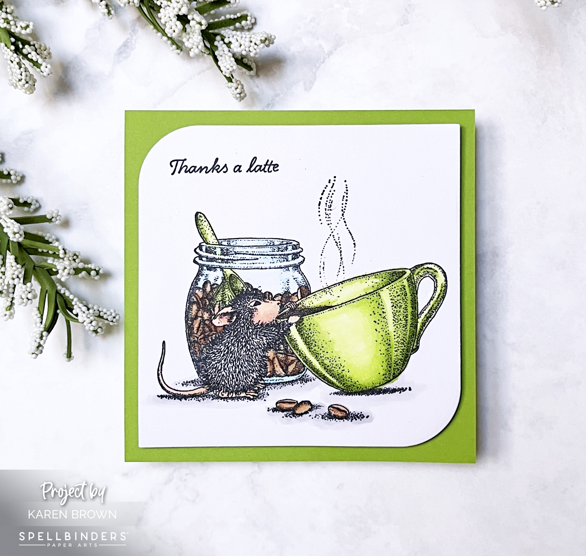 Cute square "thanks a latte" thank you card featuring the House Mouse Brew-tiful stamp.