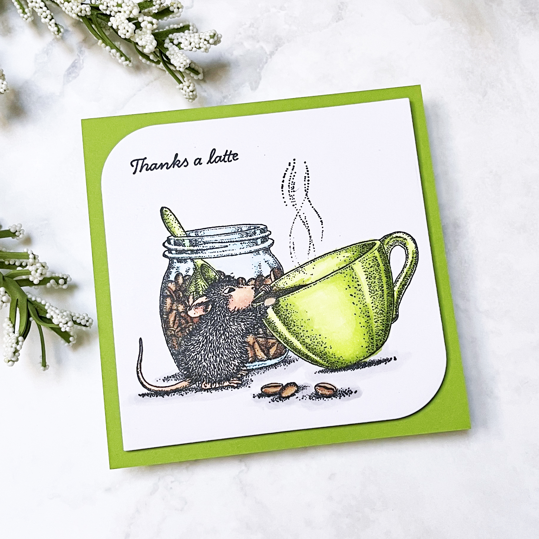 Thanks a latte thank you card featuring House Mouse.