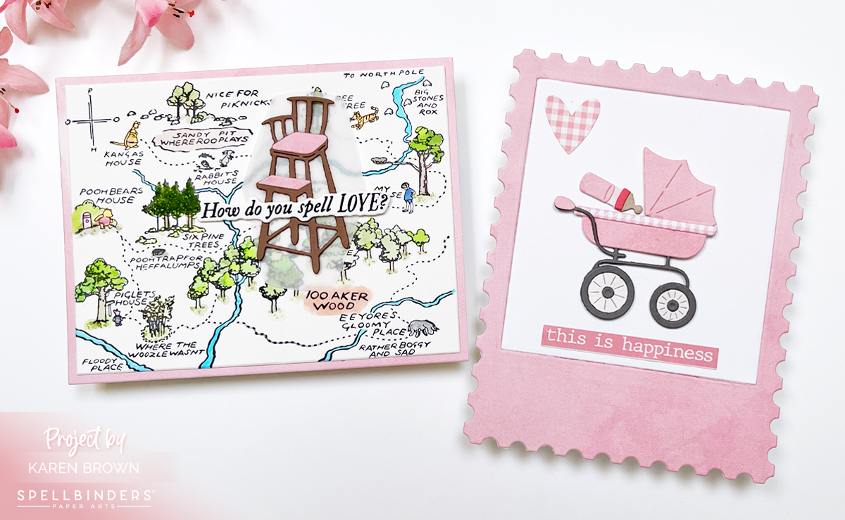 Side-by-side photo of two handmade baby shower cards using the Classic Pooh Birthday Collection Baby Accessories dies, one featuring a BetterPress map and high chair, the other a pink stroller design.