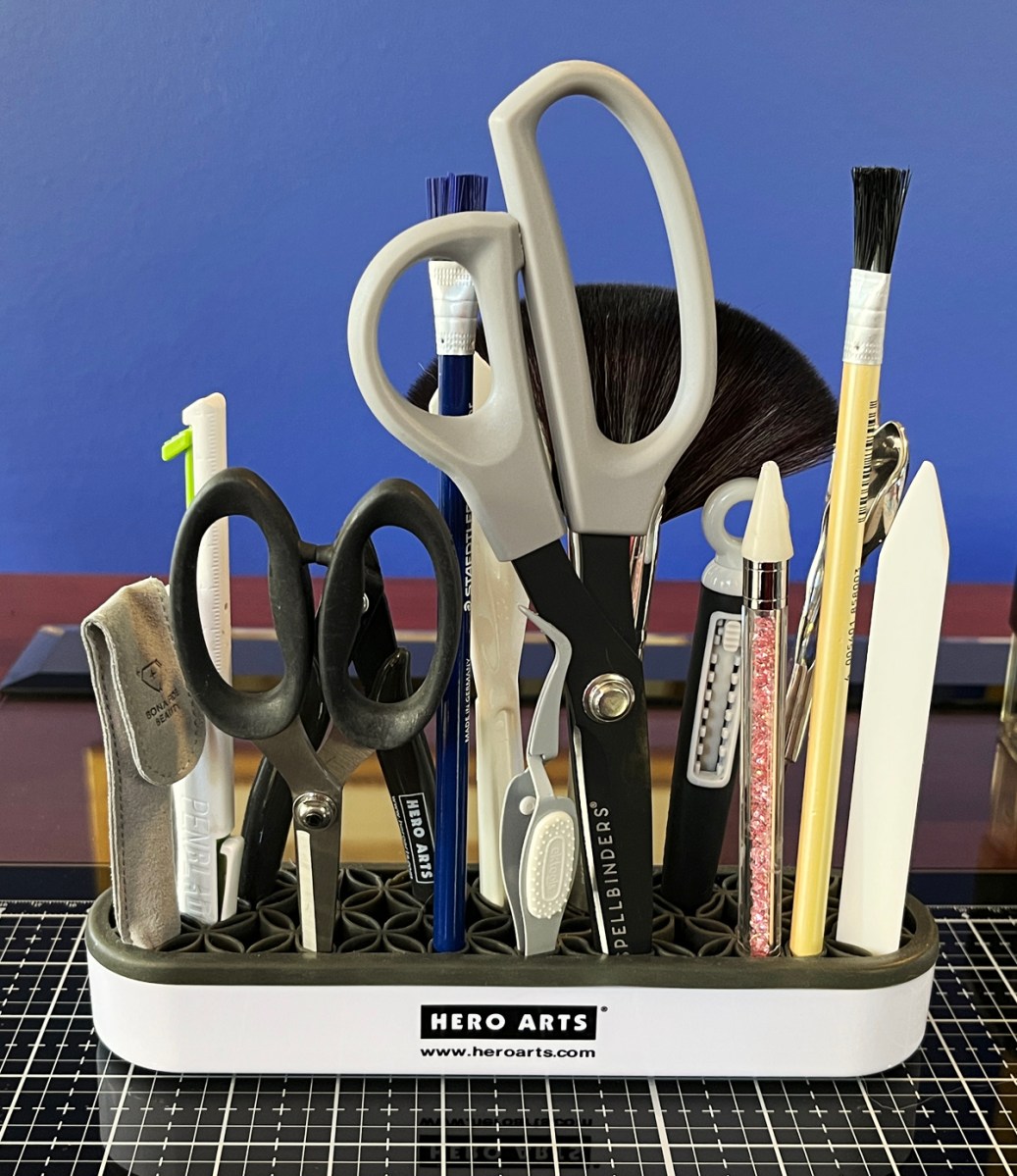 Best Crafting Desk Organizer:  Hero Tools Handy Holder perfect for holding scissors, bone folders, pokey tools, jewel pickers and brushes.