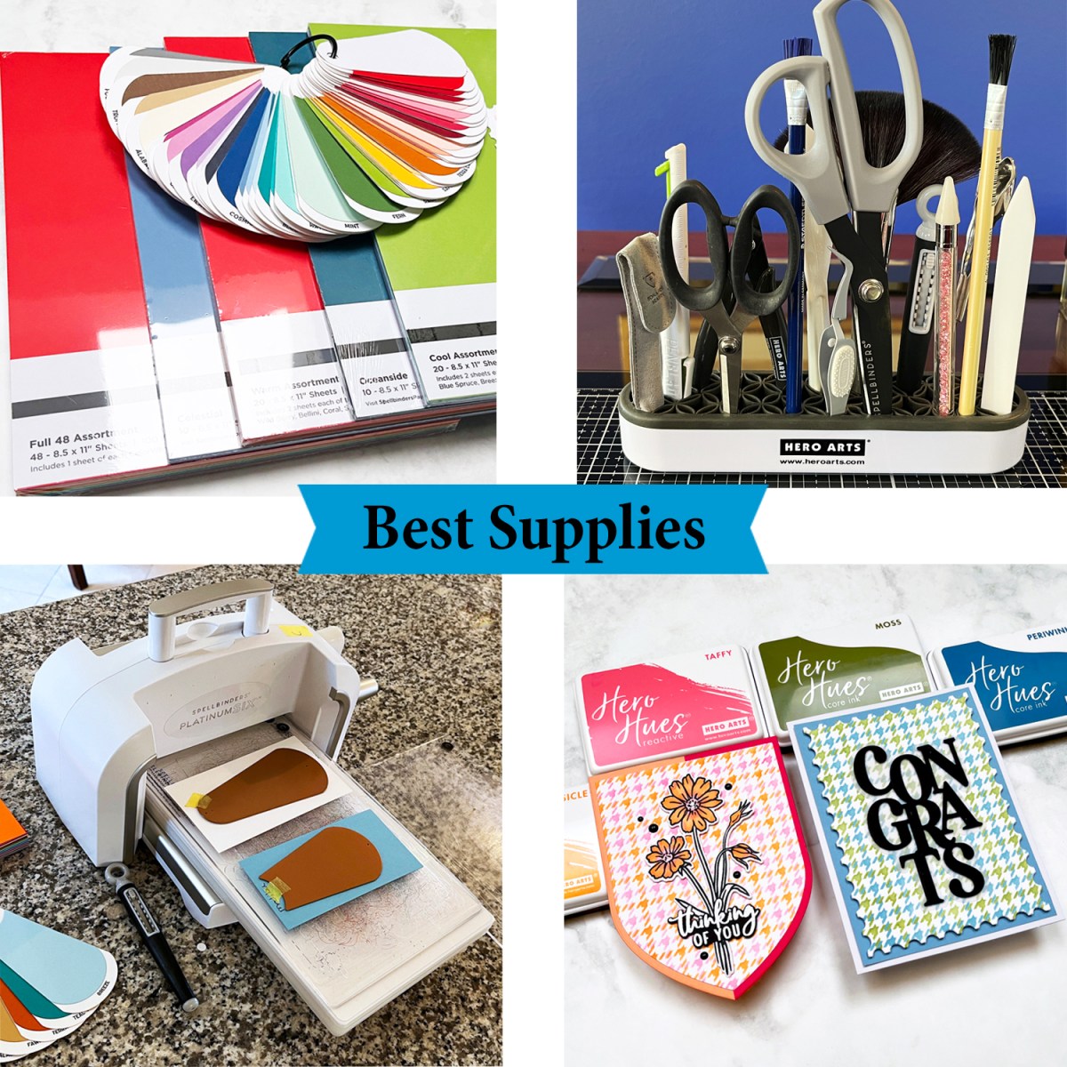 Best Cardmaking Supplies for 2026 Quad Graphic showing cardstock, swatching, tool organizer, Inks and die cutting machine