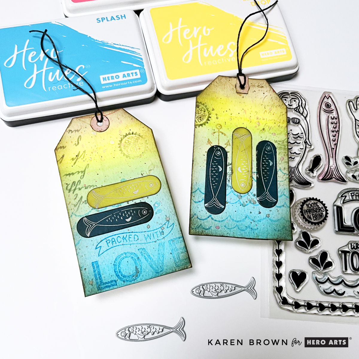two mixed media tags with a summery fish/aquatic theme.