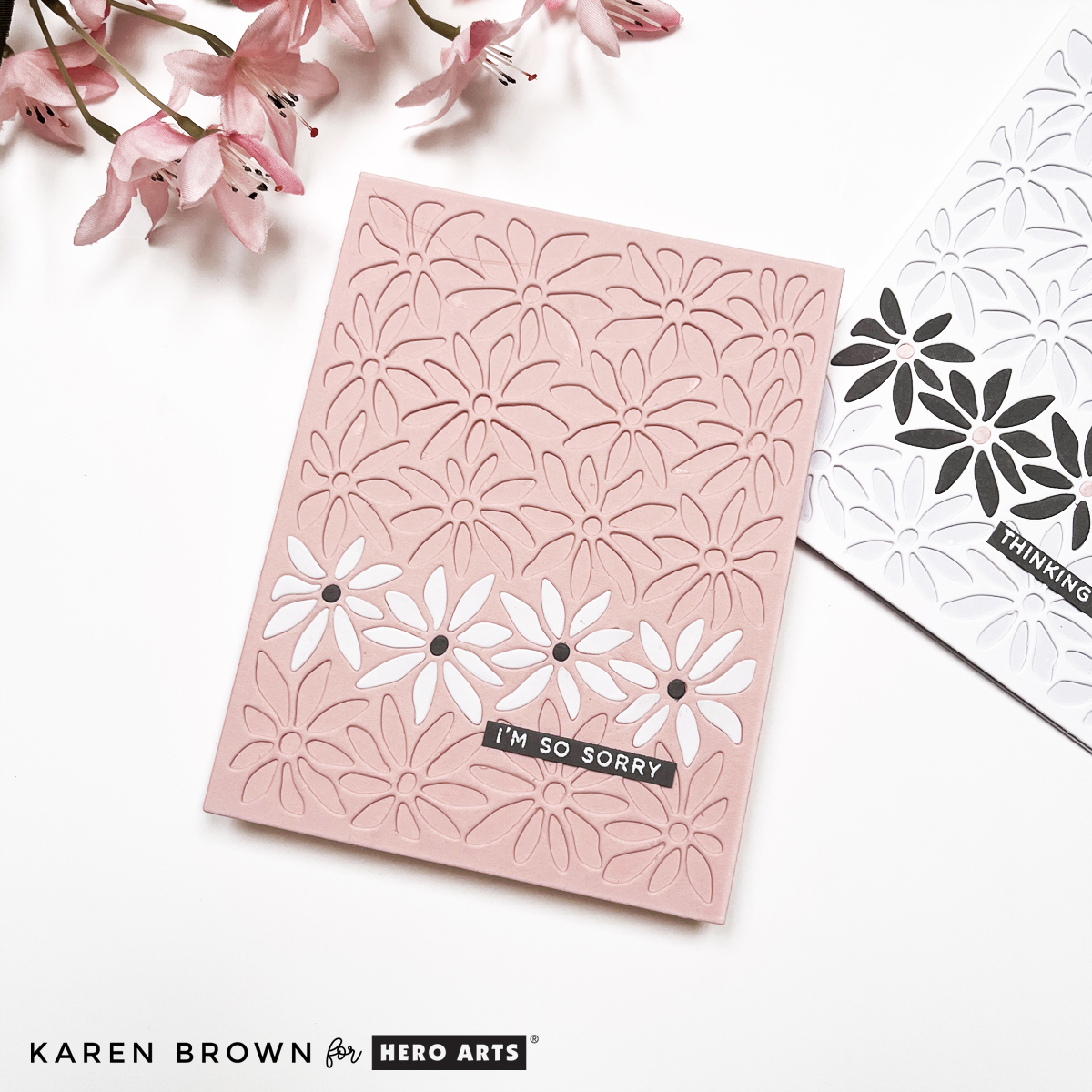 Clean and modern sympathy card featuring a partial inlay daisy cover die design in soft pink, white, and gray with a white heat embossed sentiment strip.