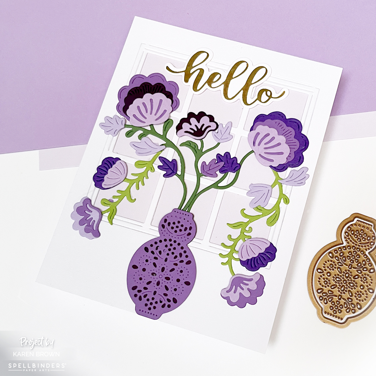 Card background created with the Hero Arts Elegant Window Fancy Die layered over a Fairy Tale lavender cardstock panel for a soft, sunlit effect that showcases the die cut flower vase.