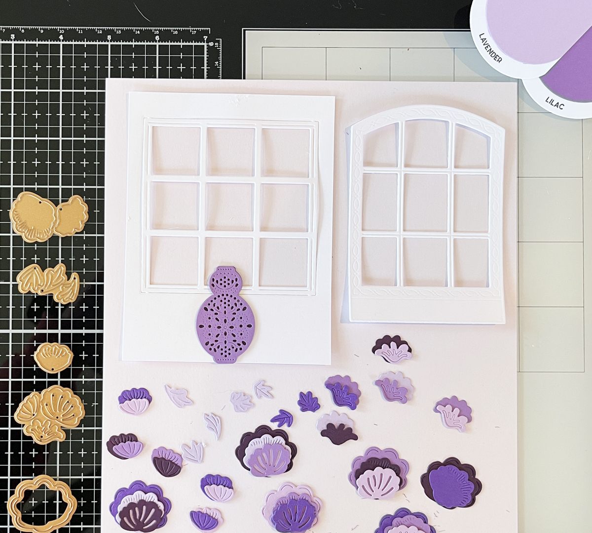 Die cut floral card process photo showing two die cut window options for the background.