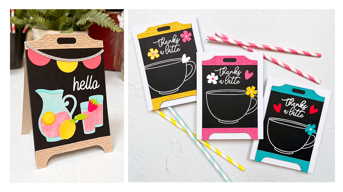 4 versions of chalkboard easel die-cut cards from Spellbinders Pink Lemonade Stand Collection