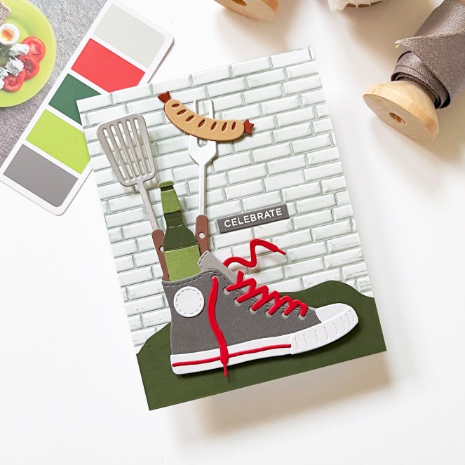 Fun masculine scene card featuring a high top sneaker and grilling utensils. Created with a card kit.