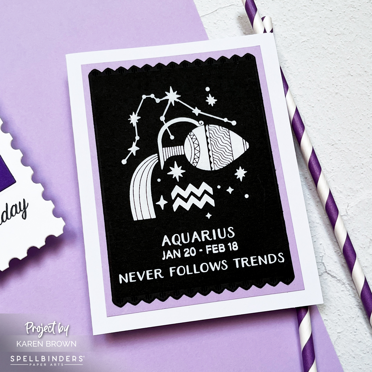 Aquarius zodiac card hot foiled in white on black cardstock, framed with a rectangular die cut for a night sky inspired look.  Masculine Birthday card.