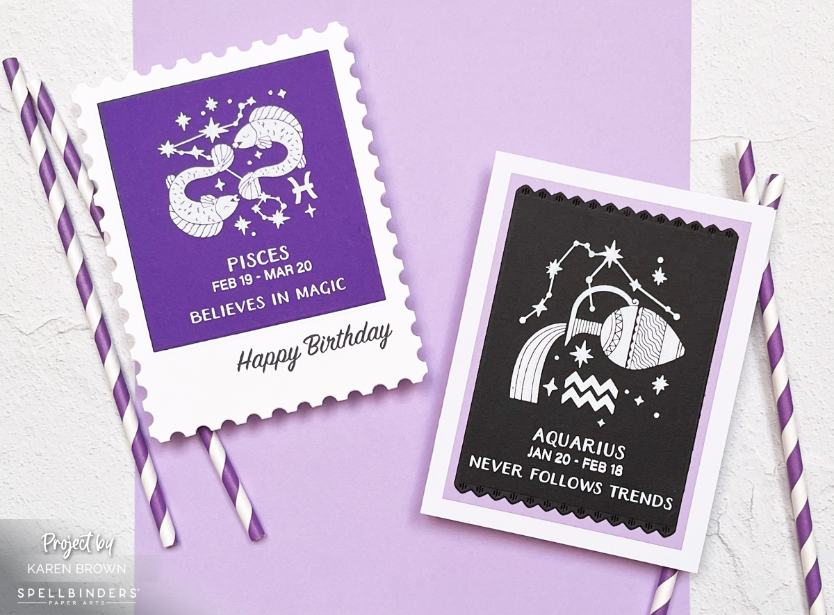 Pisces and Aquarius zodiac hot foil cards shown side by side, featuring bold graphic designs and personalized color palettes.