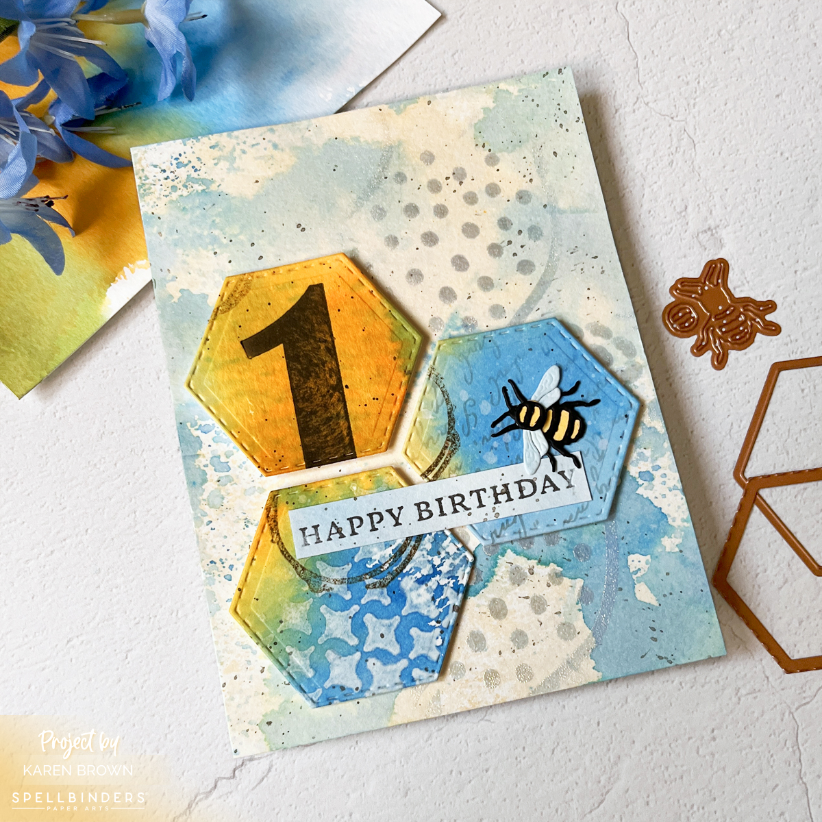 Mixed Media Birthday Card with 6 additional layers added to ink smoosh background. Color palette is blue, gold and cream.