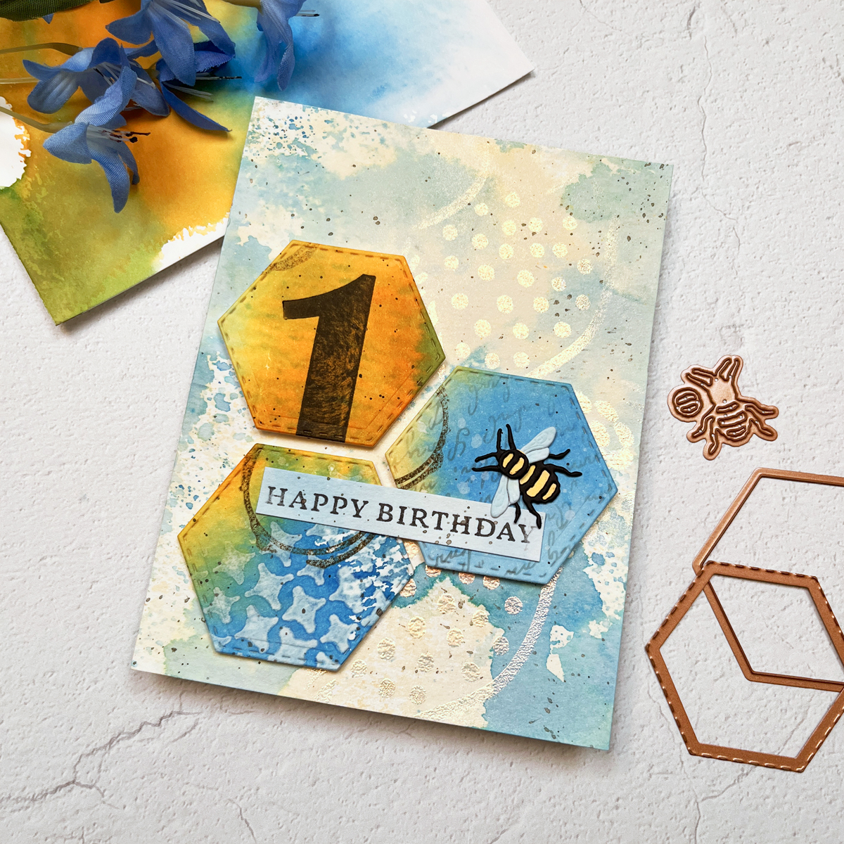 Ink Smoosh Mixed Media Birthday card with Hexagon die cuts