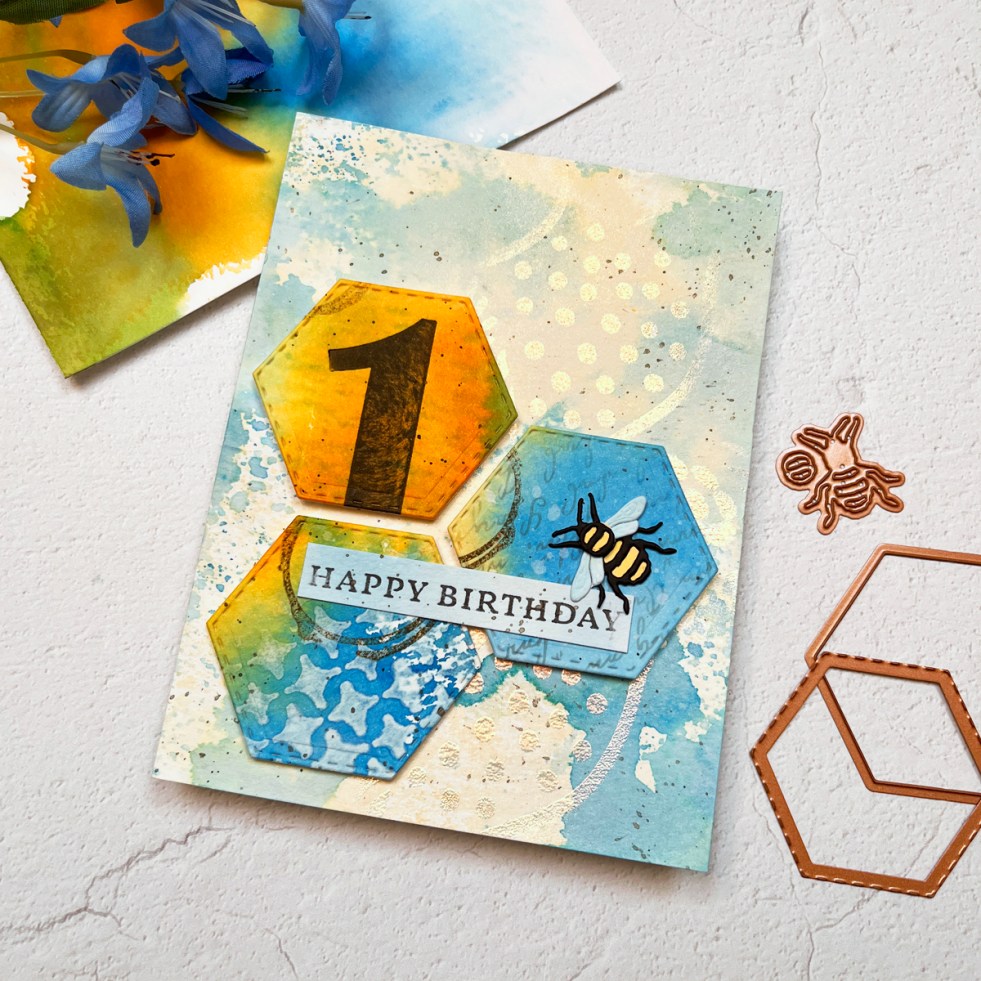 Ink Smoosh Mixed Media Birthday card with Hexagon die cuts
