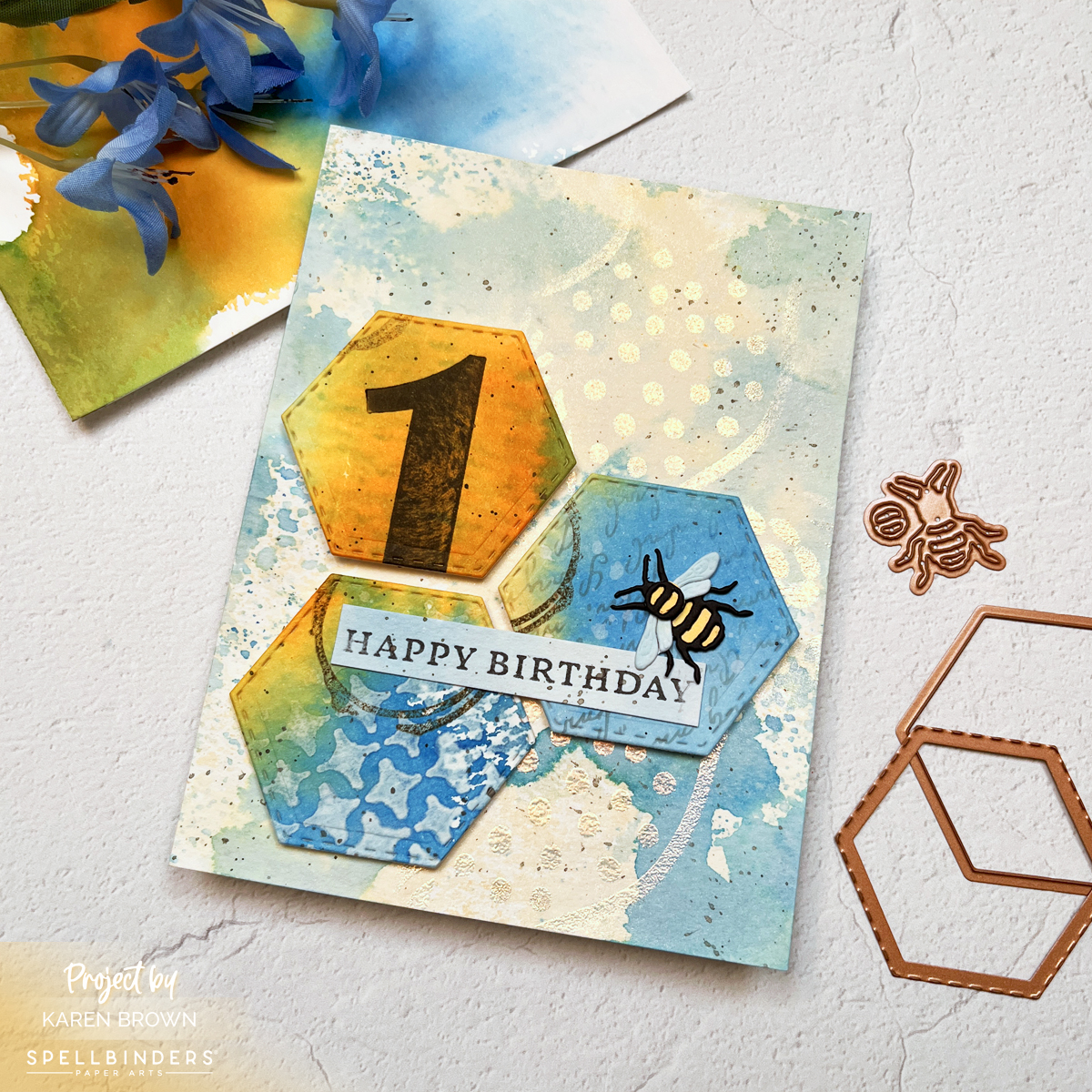Mixed Media birthday card with heat embossing, stamping, letterpress, watercolor bleaching, splatters, stenciling.