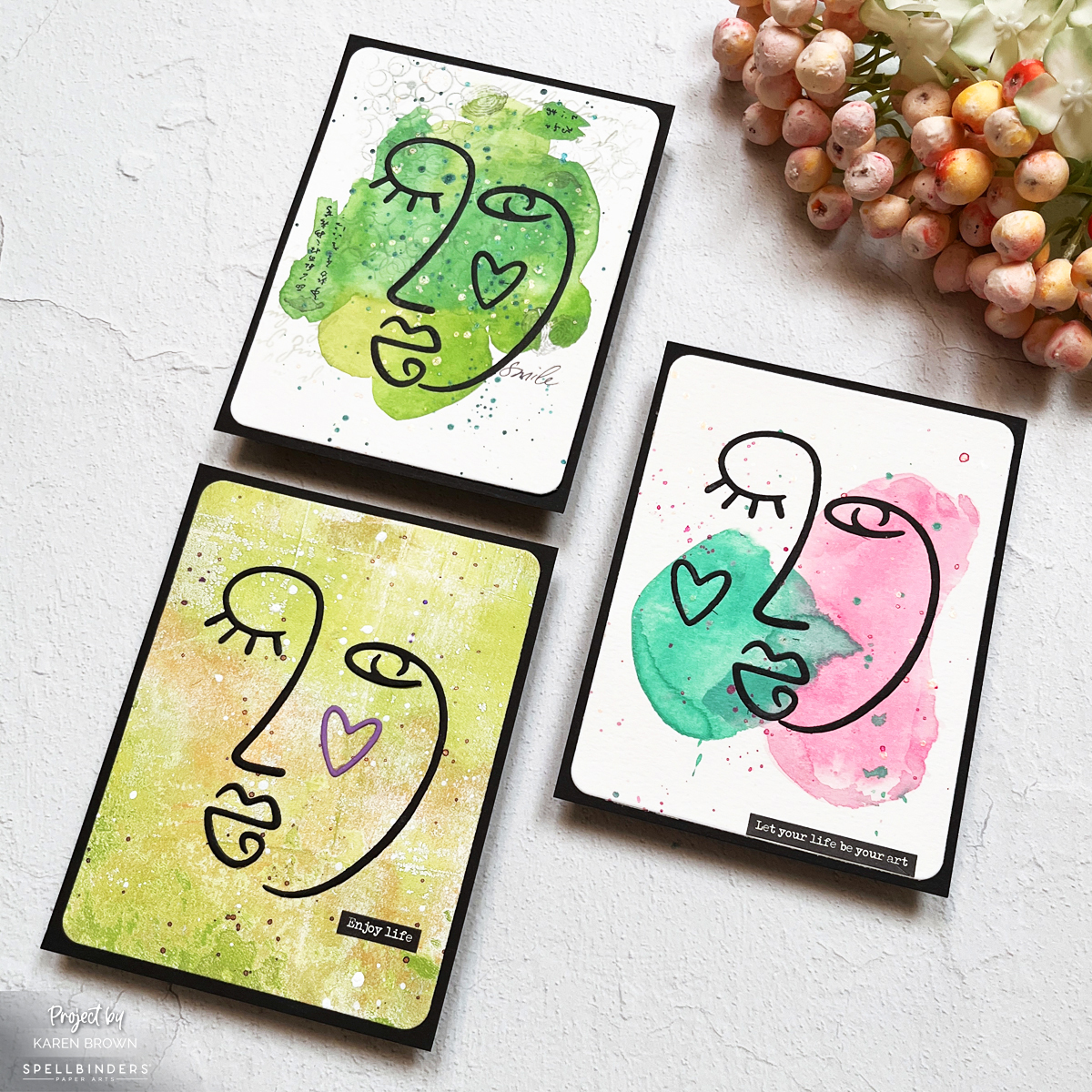 3 Mixed Media cards created with die cut "Line of Being" die cut from Spellbinders.
