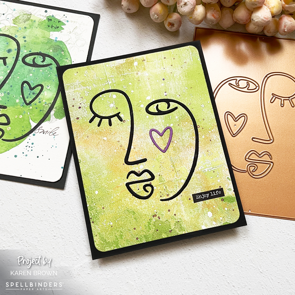 Gel press background card with metallic splatters and abstract line face