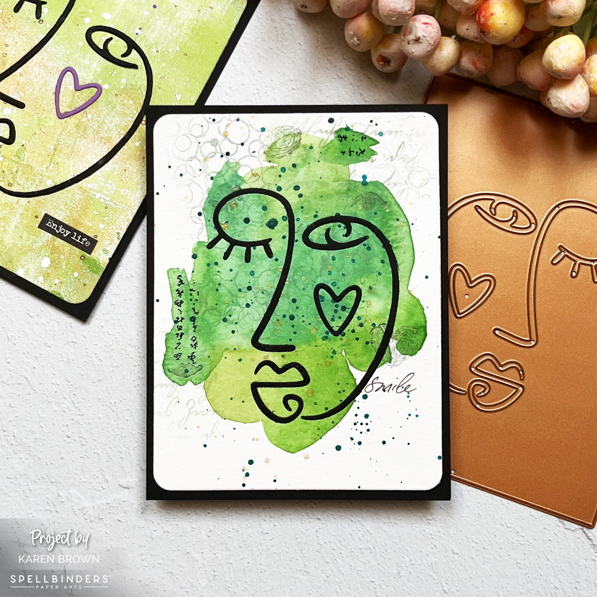 Green Picasso handmade mixed media "Line of Being" card with watercolor background and 5 additional layers.
