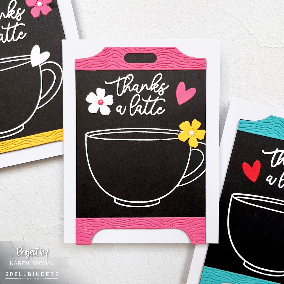 Individual coffee shop chalkboard easel card in hot pink, black, and white.  Coffee theme "thanks a latte".