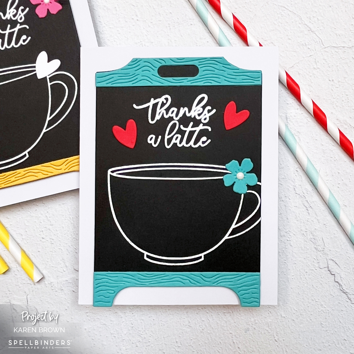 Individual coffee shop chalkboard easel card in turquoise, black, and white.  Spellbinders Pink Lemonade Stand die kits:  S6-269 & S4-1532