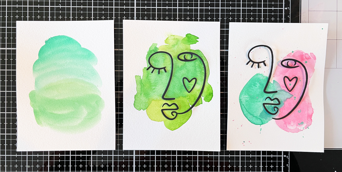 3 watercolor backgrounds + a bold black die cut creates 3 artsy modern handmade cards