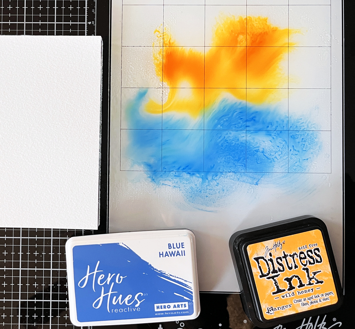 Process photo showing two color ink smoosh technique (blue and gold)