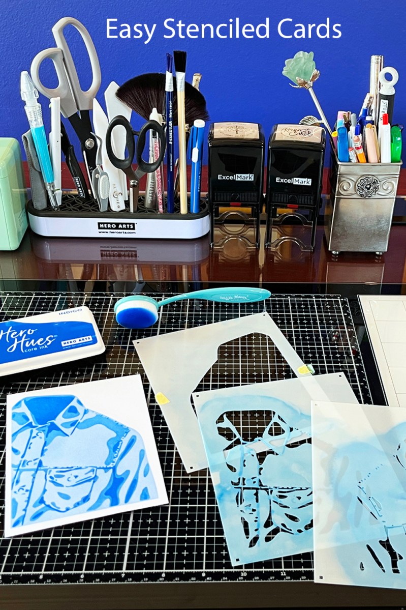 Stenciling monochromatic blue Jean Jacket Shirt for easy eye-catching masculine card