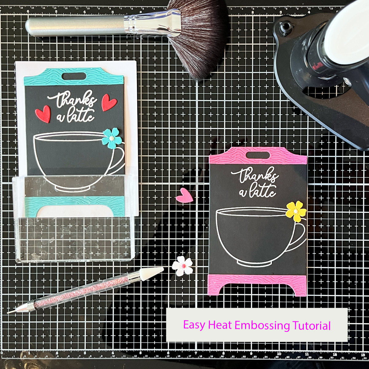 Heat embossing a coffee cup stamp with white embossing powder on black cardstock for chalkboard style thank you card.