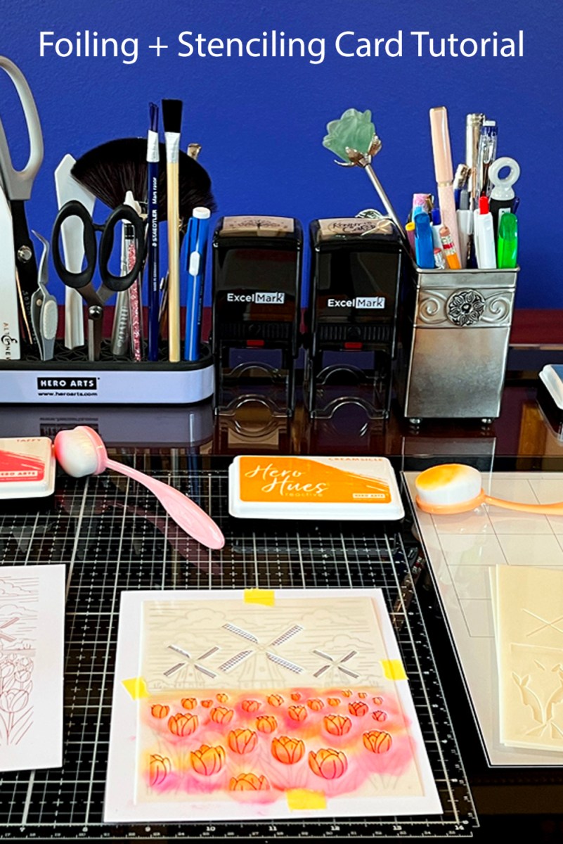 layer stencil coloring over glimmer hot foil for a beautiful floral card project.