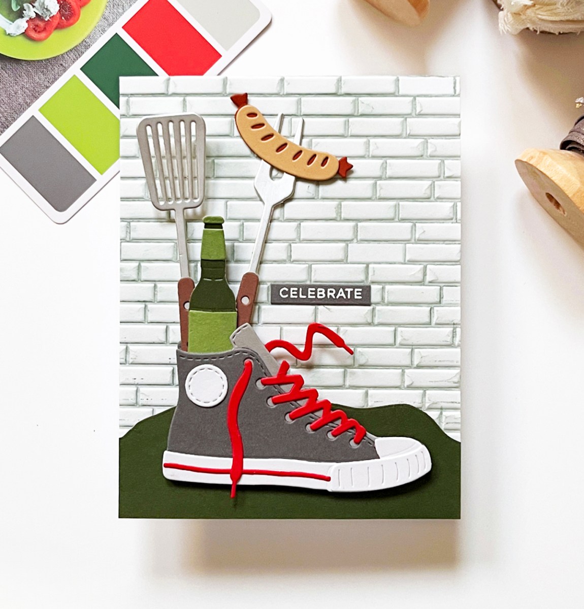 Die Cut Sneaker Bouquet Card perfect for men and foodie food lovers.  BBQ picnic theme with high top sneaker.