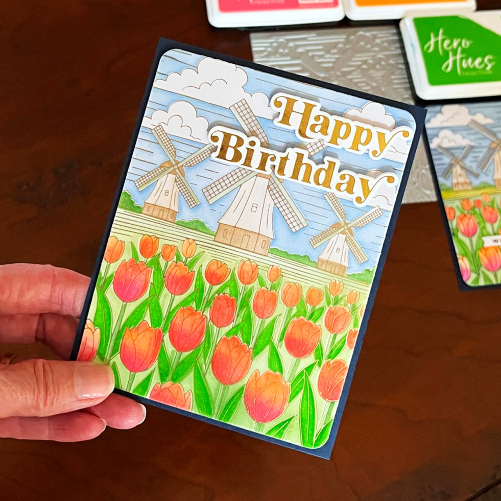 Spellbinders Yana's Windmills and Tulip glimmer foil card