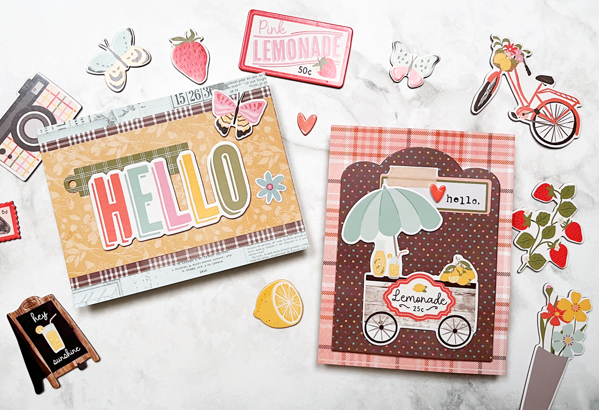 2 easy handmade cards using beginner cardmaking supplies with layered cardstock and pre-printed supplies (chipboard and die-cut ephemera).