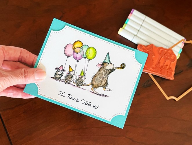 Easy stamped beginner card with simple Copic coloring using House Mouse Collection