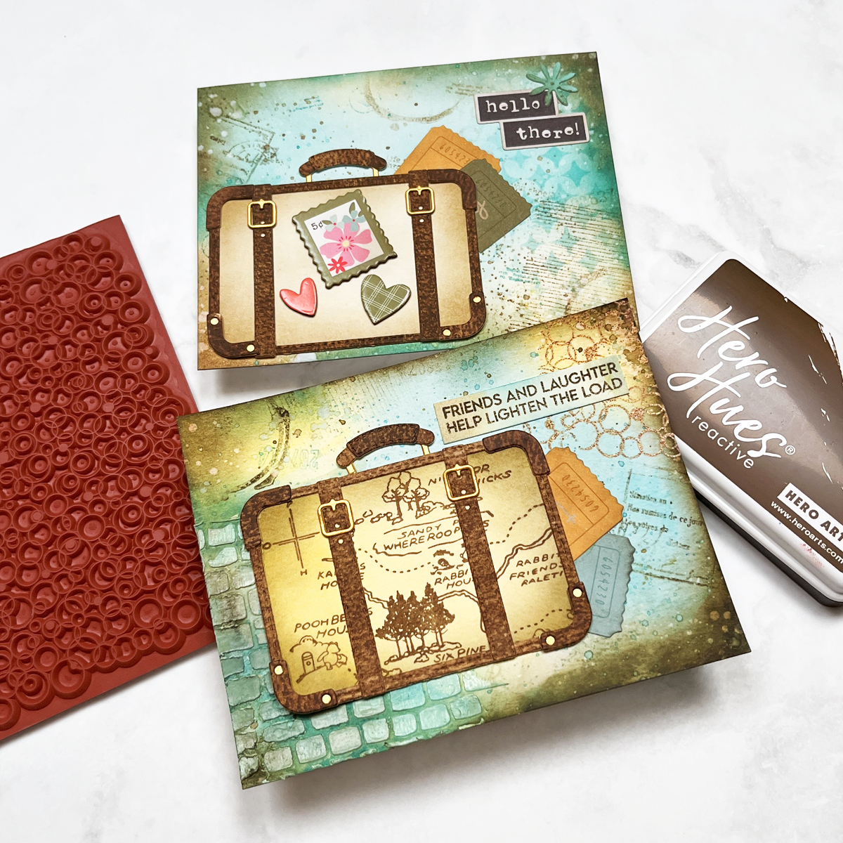 Beginner to intermediate mixed media card comparison with blue, yellow and brown color palette and vintage travel theme.