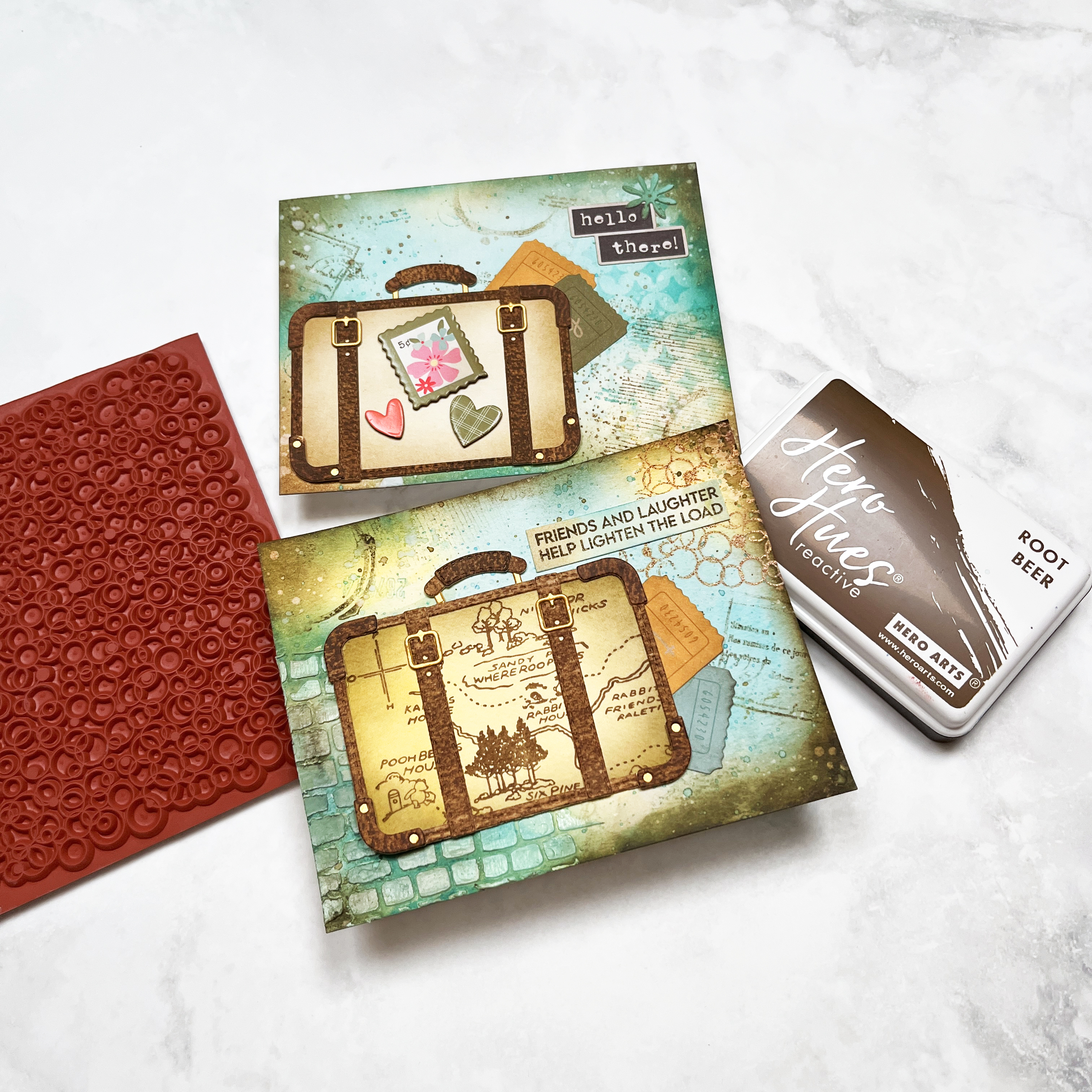 comparison of 2 mixed media cards: one beginner level and a similar one that is intermediate level with additional layers.