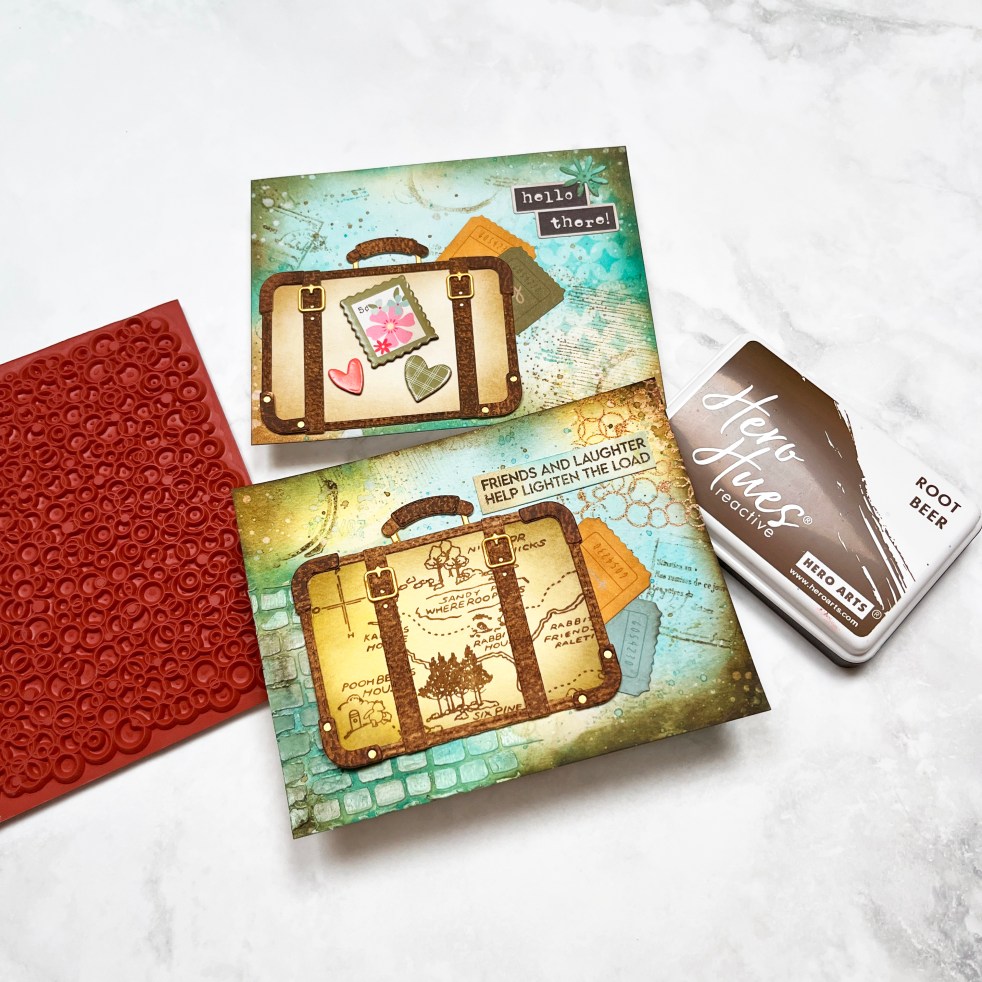 comparison of 2 mixed media cards: one beginner level and a similar one that is intermediate level with additional layers.