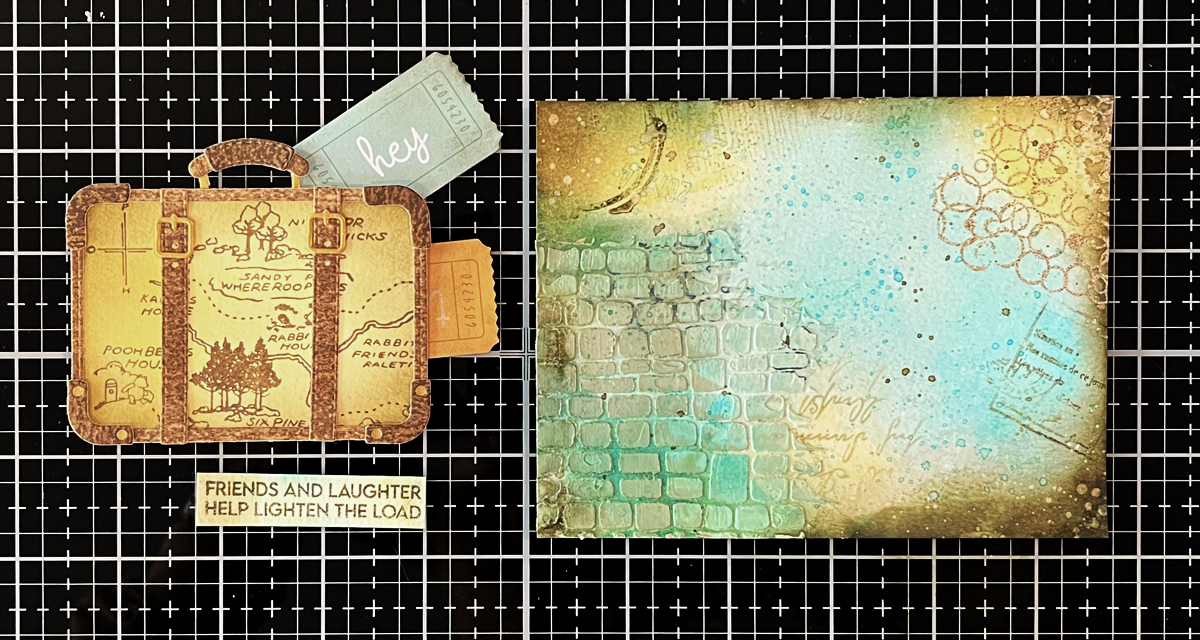 Step-by-step mixed media layering process showing stencil, stamping, and texture paste techniques for cardmakers + die cut focal point.
