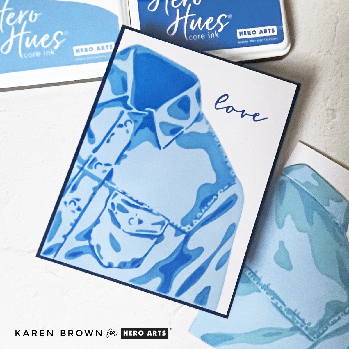 Hero Arts SA325 Jean Jacket easy masculine card stenciled in 3 shades of blue,