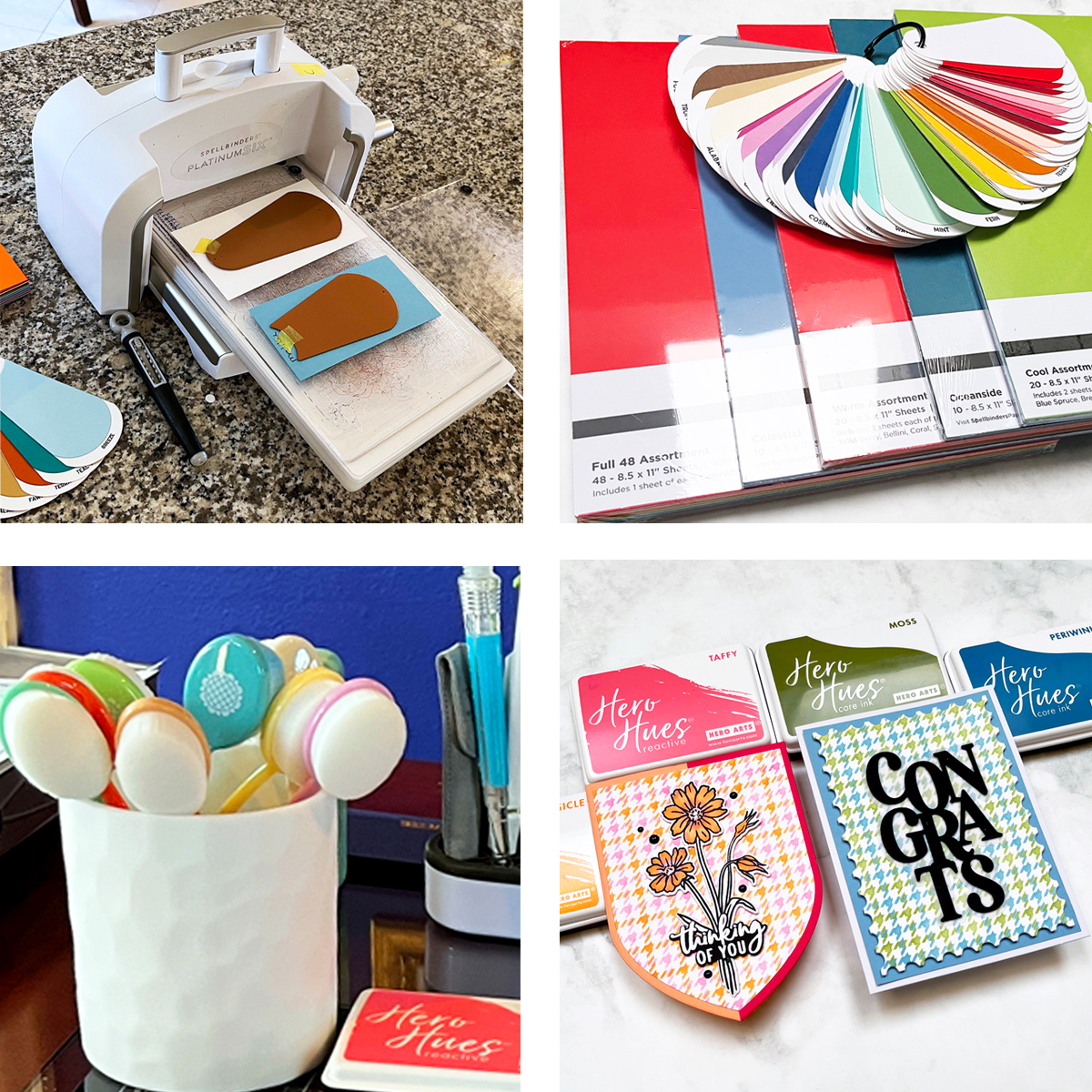 The best recommended supplies for beginner cardmakers includes colored cardstock, blending  brushes, colorful inks, Misti stamping platform and a die cutting machine.