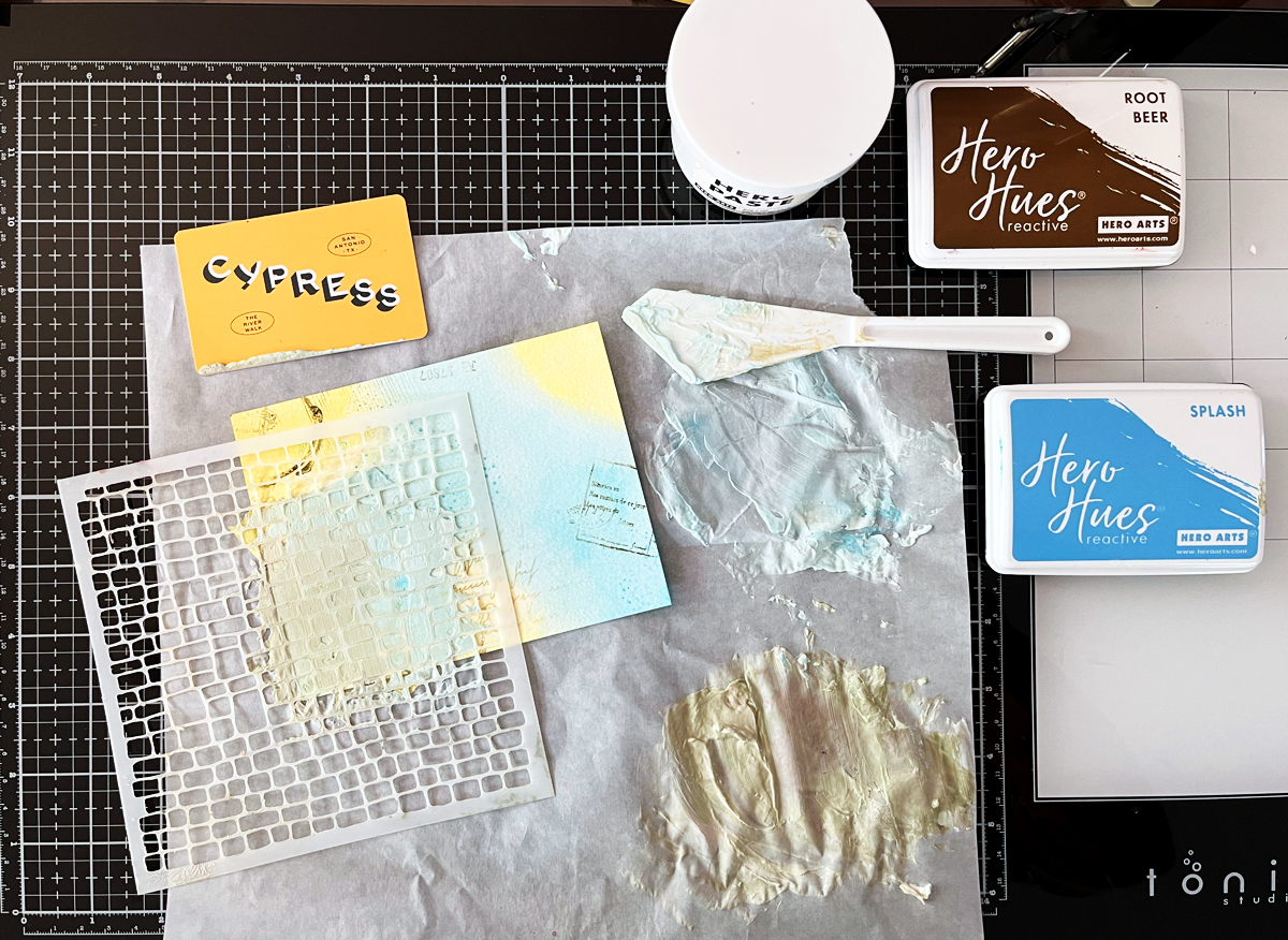 Applying tinted texture paste to mixed media  backgrounds eleveates cards from beginner level to intermediate.