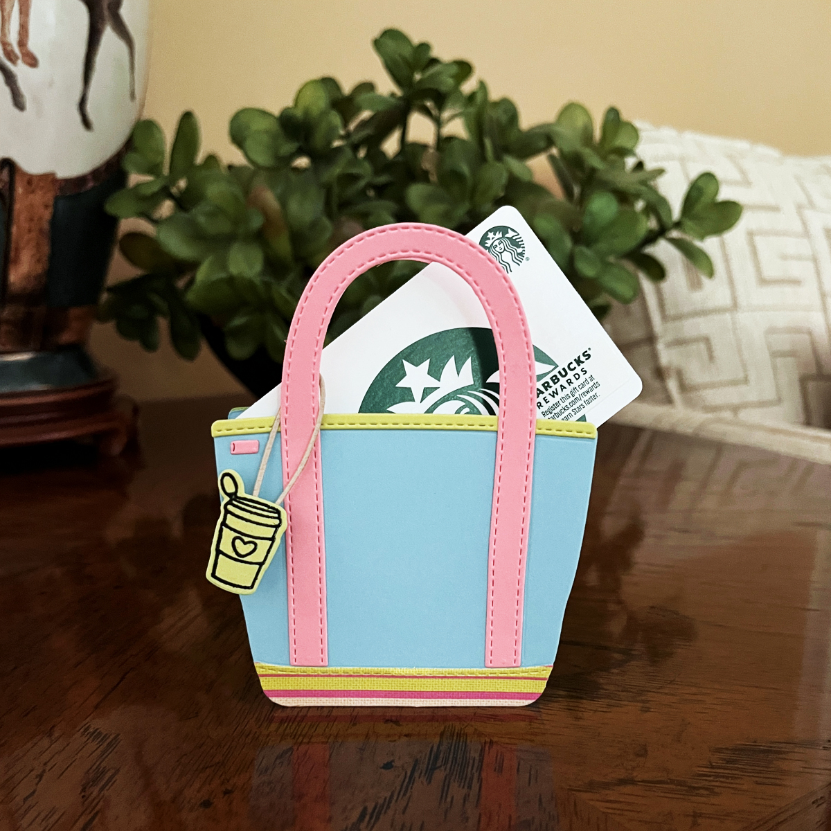 Finished tote displayed on a table as a decorative papercraft piece