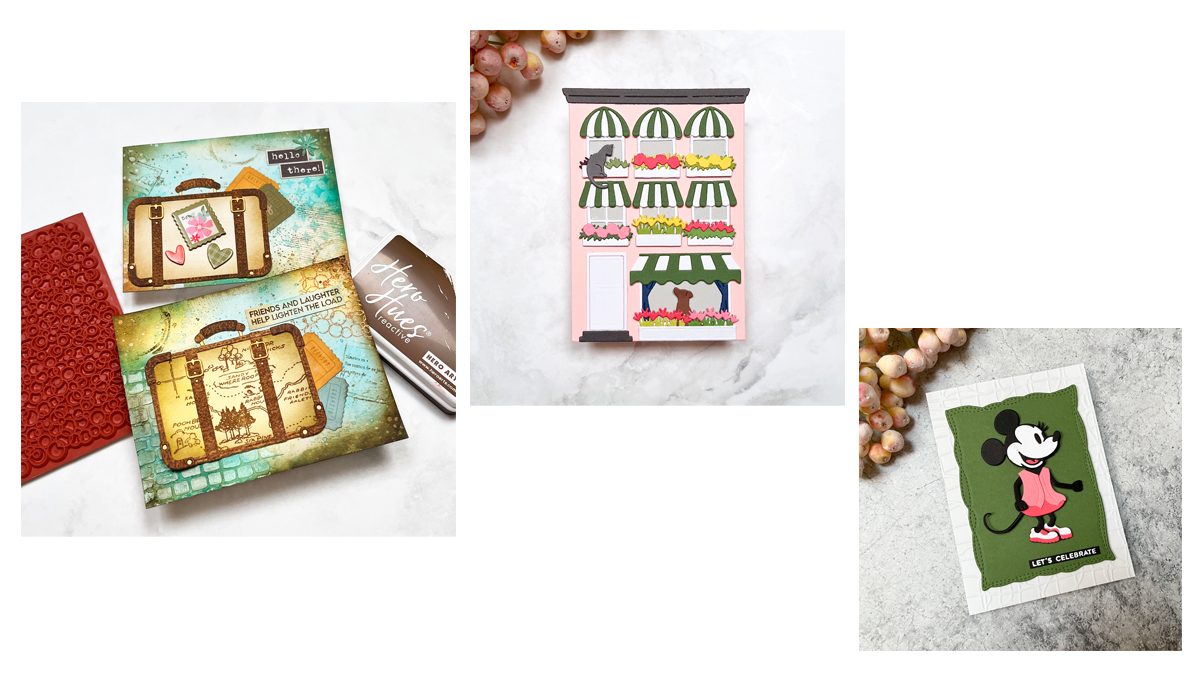 3 great die cut cards with varying themes of mixed media, scene card and graphic look
